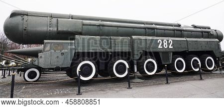 Kyiv, Ukraine December 10, 2020: Transport And Launcher On The Maz-547a Chassis Of The Pioneer Mediu