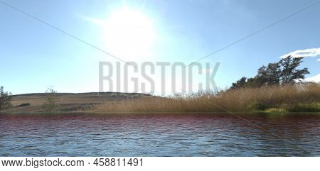 Water. Bright Sun. Small Lake. Glade With Yellow Bushes And A Hill. 3d Render.