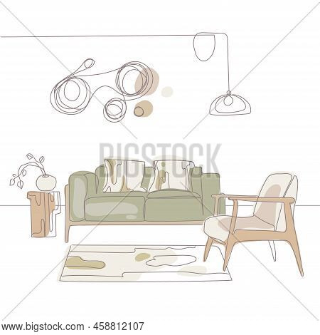 Contemporary Modern Interior Hand Drawing Vector Illustration. Living Room In A Minimalist Japandi S