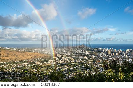 Rainbow Over Honolulu In Hawaii After Rain
