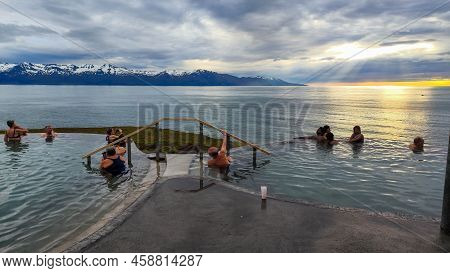 People On The Wellness Pool At Husavik On Iceland