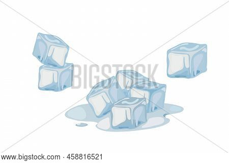 Ice Cubes And Melted Ice Cube. Iced Water Cubes For Cool Cocktail. Freezed Aqua Vector Isolated Illu