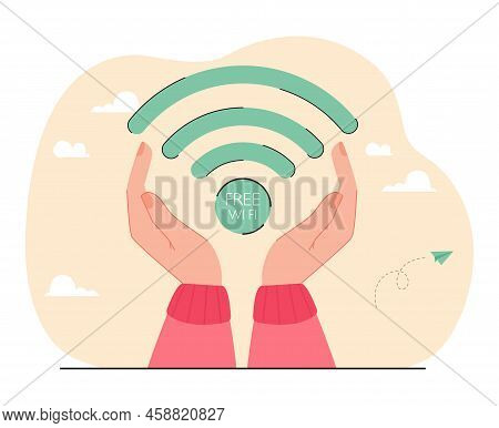 Free Wi-fi Sign In Caring Female Hands Flat Vector Illustration. People Using Wireless Internet Conn