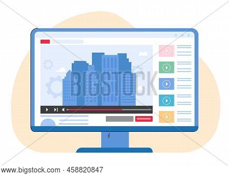 City Downtown On Computer Screen Flat Vector Illustration. People Watching Videos On Internet. Conne