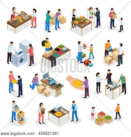 Sharing Economy Isometric Icons Collection Of Isolated Human Characters Of People Sharing Clothes Go