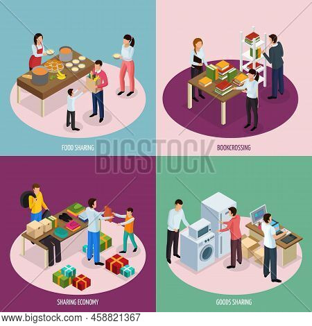Sharing Economy Isometric 2x2 Design Concept With Compositions Of People Sharing Food Books And Hous