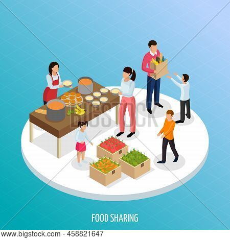 Sharing Economy Isometric Background With View Of Ripe Fruits And Ready Food For Sharing With People