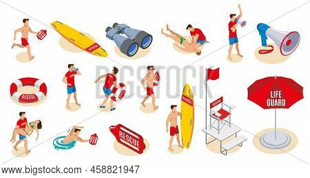 Beach Lifeguards Inventory Isometric Icons  Set Of Binocular Loudspeaker Umbrella Lifebuoy Surfboard
