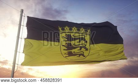 Baden-wurttemberg Flag, Germany, Waving In The Wind, Sky And Sun Background. 3d Illustration