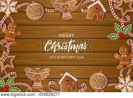 Christmas Background With Gingerbread Cookies And Ribbon