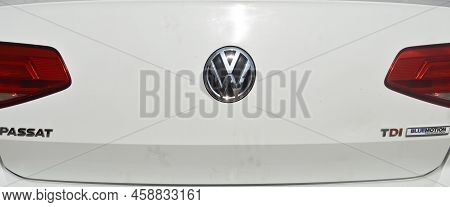 Volkswagen Passat Chrome Metal Logo, Back View Luxury Car In Istanbul City, June 27 2022 Istanbul Pe