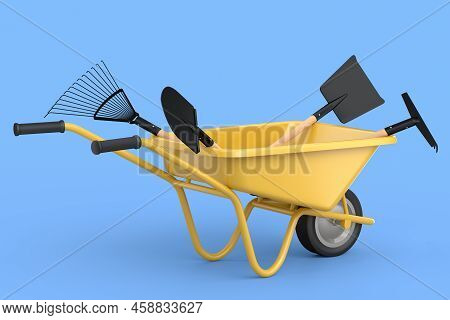 Garden Wheelbarrow With Garden Tools Like Shovel, Rake And Fork On Blue Background. Handcart Or Cart