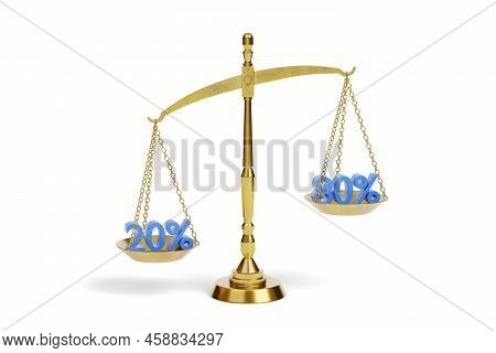 Balance Scale With 20 And 80 Percent Isolated On White Background. Pareto Principle Concept. 3d Illu