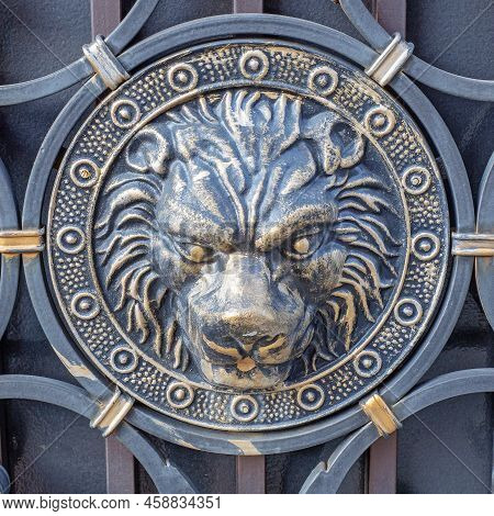 Iron Gilded Lion On A Forged Gate. Closeup. Black Lion Head With Golden Patina. Decorative Forging. 