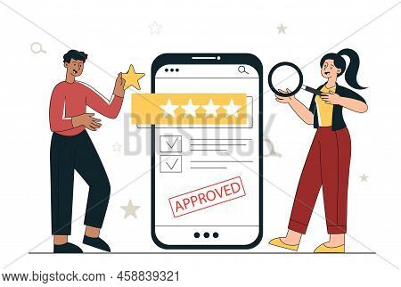 Five Stars To App. Man And Woman Give Positive Review To Mobile Application Or Program. Users Share 