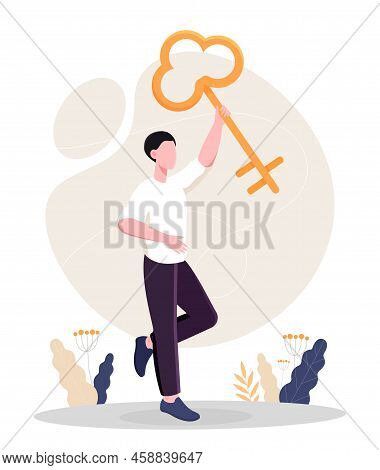 Man Holding Key. Metaphors For Ideas, Brainstorming, Insight And Solutions. Young Guy, Talented Entr