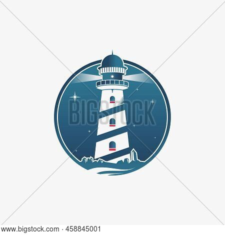 Simple And Unique Light House With Stone, Wave, Stars Image Graphic Icon Logo Design Abstract Concep