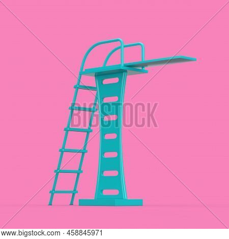 Blue Swimming Pool Jump Board In Duotone Style On A Pink Background. 3d Rendering
