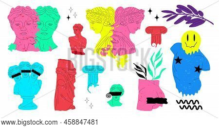 Psychedelic Greek. Trippy Surreal Antique Sculptures, Acid Colors, Contemporary Artwork, Crazy Statu