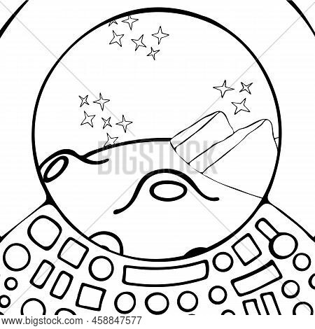 Sketch With Space Coloring Page On White Background. Astronomy Science.