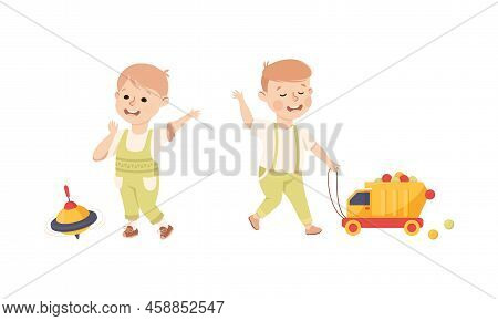 Smiling Boy With Toy Truck And Pegtop Playing And Having Fun Vector Set