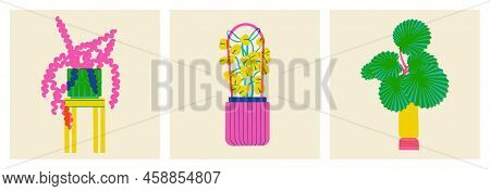 Potted Plant In Trendy Risograph Print Texture Style. Set Of Hand-drawn Interior Flowers. Graphic Dr