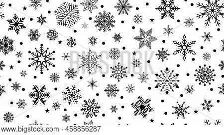 Seamless Christmas Vector With Black Snowflakes And Stars. White Background.
Seamless On All Four Si