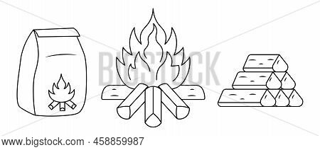 Coal For A Fire In A Paper Bag, A Fire And Firewood. Sketch. Material For Ignition Of A Brazier. Set
