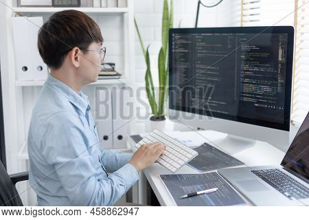 Professional development programmers are sit on a desk with work equipment such as: computer-laptop-