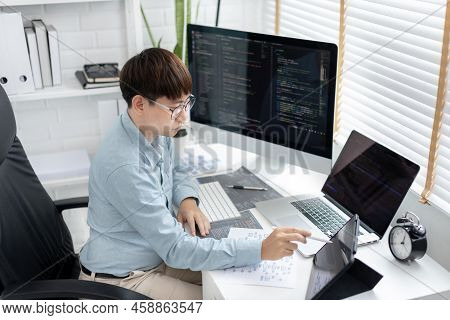 Professional development programmers are using tablet to test the functionality of their application