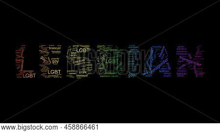 Lesbian Word Made From Tags Cloud In Lbgt Rainbow Colors On Black Background. Banner Background Wall