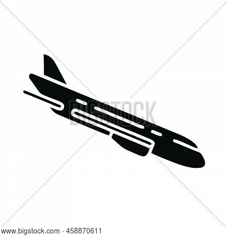 Plane Landing, Airplane Descending. Flat Vector Icon Illustration. Simple Black Symbol On A White Ba