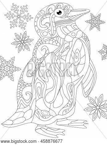 Coloring Book Page With Walking Penguin With Snowflakes In Background. Sheet To Be Colored With One 