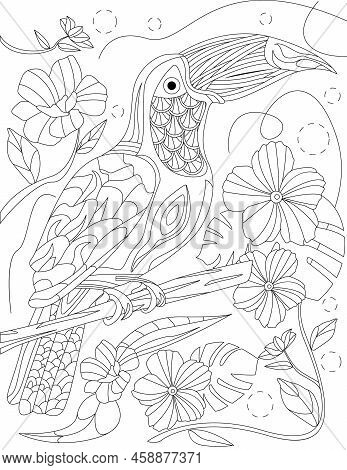 Coloring Book Page With Standing On Tree Parrot With Different Flowers In Background. Sheet To Be Co