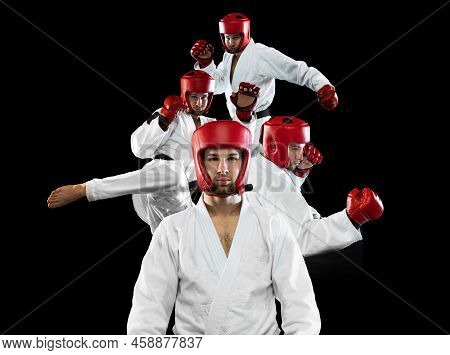 Taekwondo Fighter In White Dobok, Helmet And Gloves Training Isolated Over Dark Background. Collage,