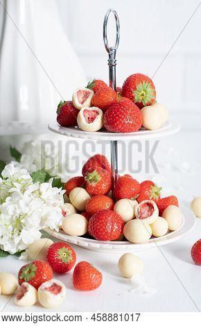White Chocolate Covered Strawberries, Fresh Strawberries And White Floweers