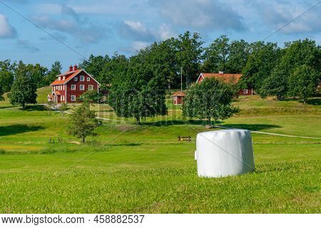 Typical Red Wooden Houses In Countryside By The Sea In Nature Of Southern Sweden On A Beautiful Sunn