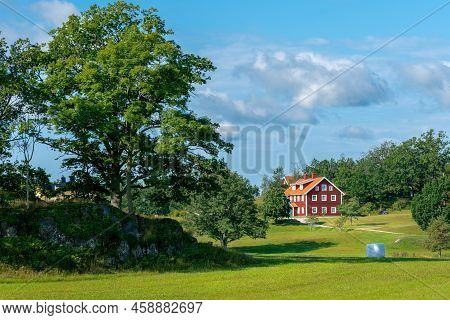 Typical Red Wooden Houses In Countryside By The Sea In Nature Of Southern Sweden On A Beautiful Sunn