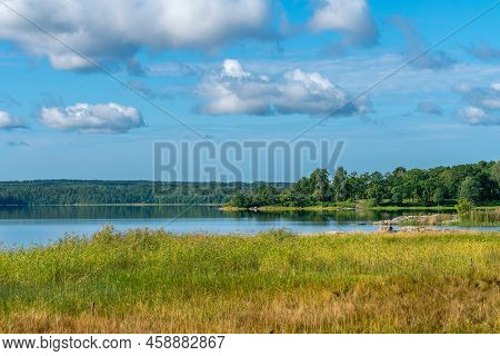 Beautiful Summer Day In Swedish Landscape Of Segersgarde Nature Reservation. Green Forests, Meadows 