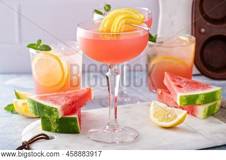 Watermelon And Citrus Cocktail With Lemon Garnish