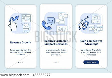 Customer Engagement Platform Light Blue Onboarding Mobile App Screen. Walkthrough 3 Steps Editable G
