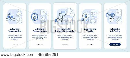 Customer Engagement Platform Features Light Blue Onboarding Mobile App Screen. Walkthrough 5 Steps E