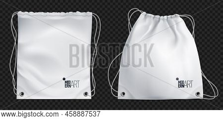 Modern Realistic Ad Concept Of White Drawstring Bag On Dark Transparent Background Vector Illustrati