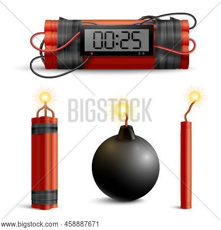 Dynamite Bomb Realistic Set Of Isolated Images With Self Made Bombs Explosive Sticks And Vintage Bal