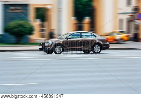 Moscow, Russia - July 2022: Car Volkswagen Sagitar Mk2 Moving At High Speed On A Street. Car Drives 