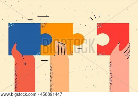 Hands Of People Collecting Jigsaw Puzzles Look For Business Problem Solution Together. Employees Eng