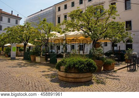 Treviso, Italy - 23rd July 2022. The Historic Piazza Pola Square In The Historic Centre Of Treviso, 