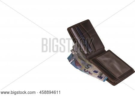 Close Up View Of Open Leather Wallet With Euro Banknotes On White Background Isolated.