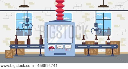 Vector Illustration Of A Beautiful Interior Wine Factory. Cartoon Interior With A Conveyor, A Machin