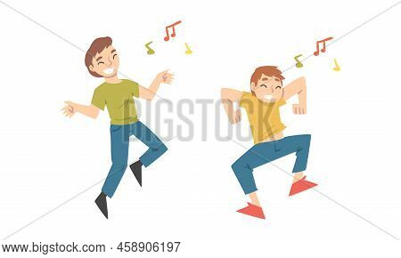 Positive Young Man Dancing Moving Hands And Legs To Music Rythm Vector Set